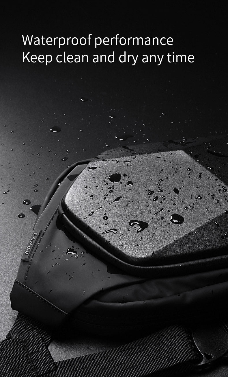 Waterproof material and zippers   The bange sling bag is waterproof , protective way to carry your ipad or electronic product.  The Water will seep through the breathable mesh on the back