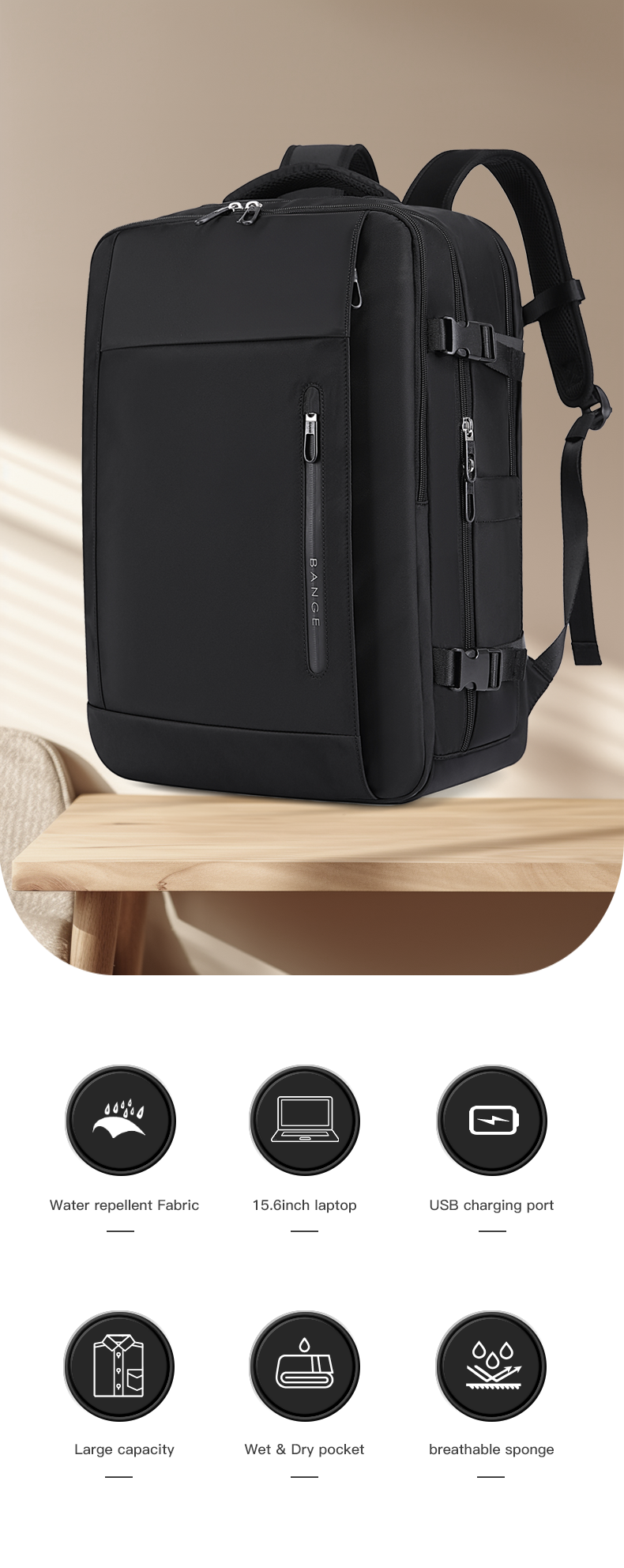 BANGE Hot Selling Ernogomic Waterproof School Business Travel Backpack with USB Port