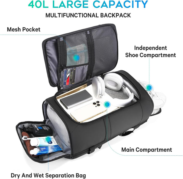 BANGE 40L Travel Backpack with Shoe Compartment, Weekend Business Hand Luggage, Flight Approved Cabin Luggage, Lightweight and Waterproof for 15.6-17.3 Inch Laptop, black, L, Business