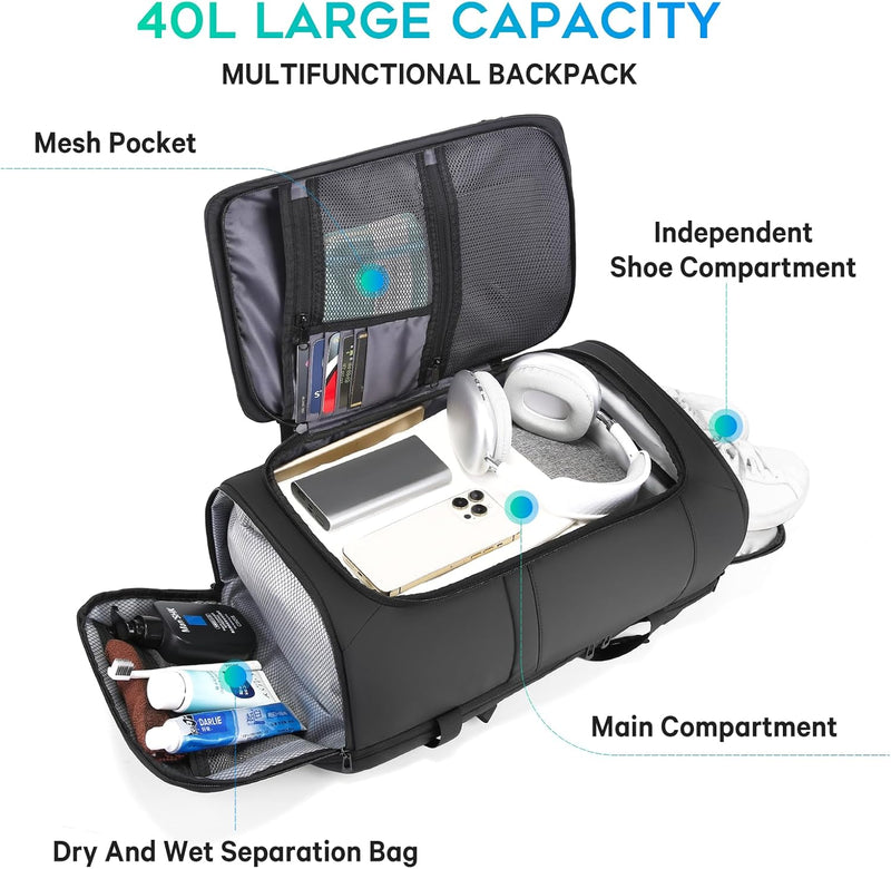 BANGE 40L Travel Backpack with Shoe Compartment, Weekend Business Hand Luggage, Flight Approved Cabin Luggage, Lightweight and Waterproof for 15.6-17.3 Inch Laptop, black, L, Business