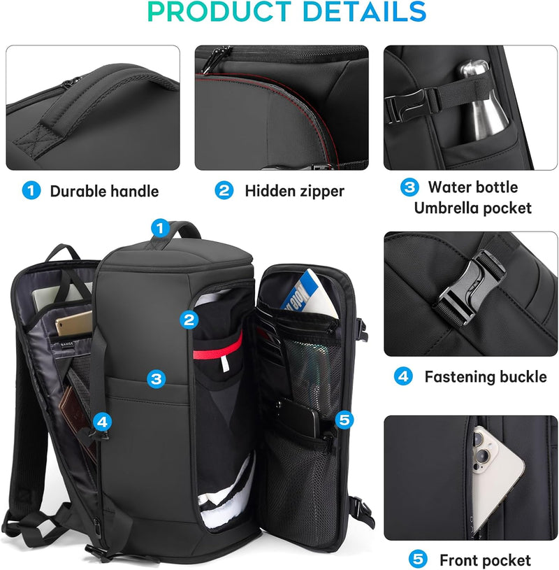 BANGE 40L Travel Backpack with Shoe Compartment, Weekend Business Hand Luggage, Flight Approved Cabin Luggage, Lightweight and Waterproof for 15.6-17.3 Inch Laptop, black, L, Business