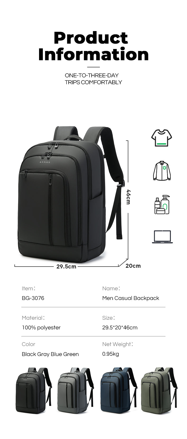 BANGE Water-resistant Business Travel Backpack with Padded Laptop Compartment Ergonomic College School Bag for Teens