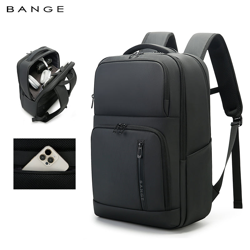 BANGE Water-resistant Business Travel Backpack with Padded Laptop Compartment Ergonomic College School Bag for Teens, Black