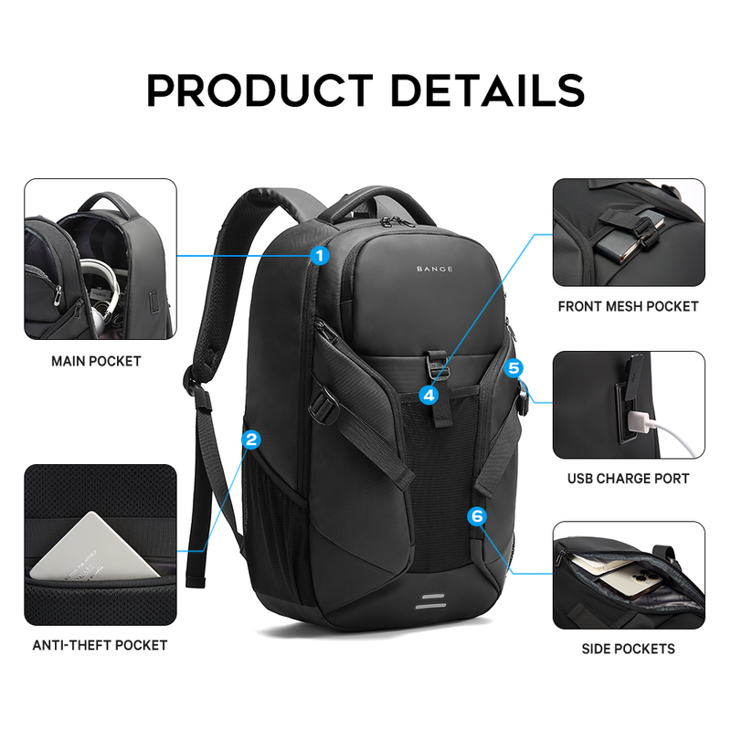 BANGE Travel laptop Smart Backpack，Anti Theft Travel Carry on Backpack with USB Port, Business Laptop Backpack Fits 15.6 Inch Notebook