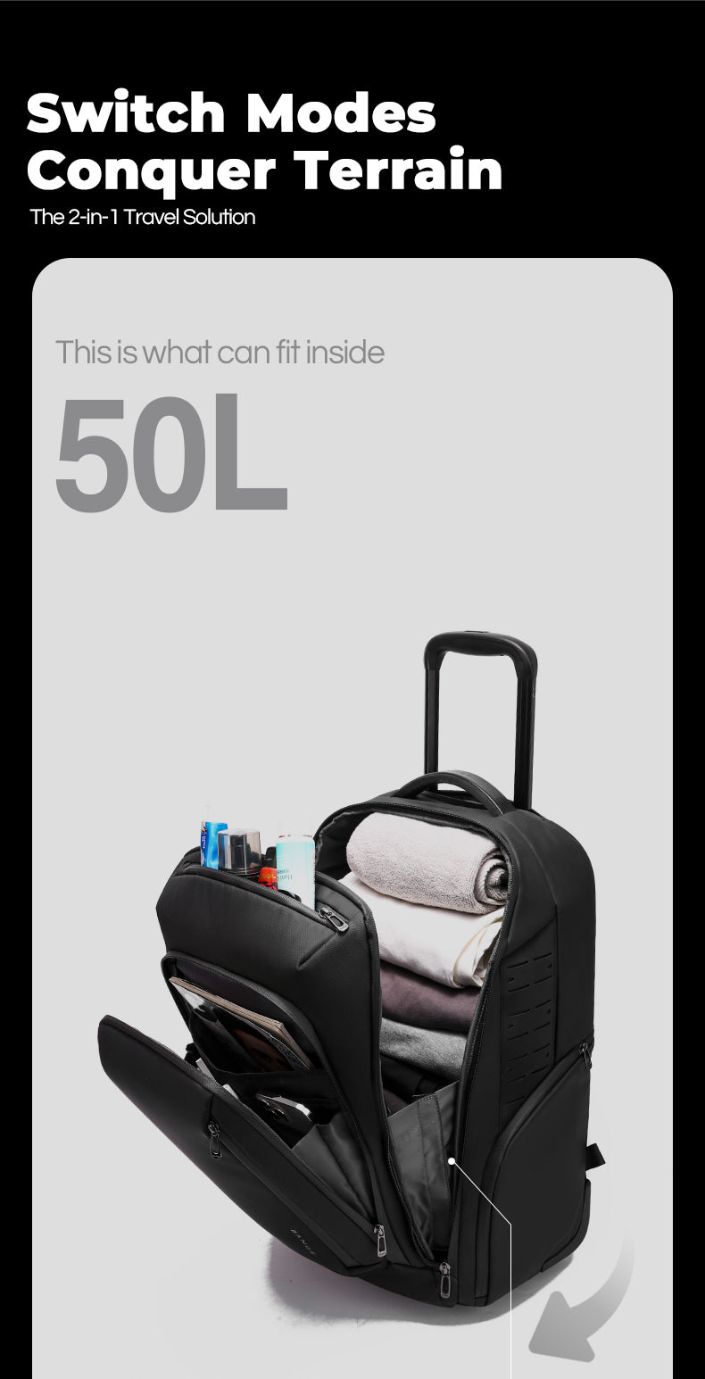 BANGE MultiFunctional Ergonomic 50L Large Capacity 2-in-1 Wheeled Backpack Trolley for Travel