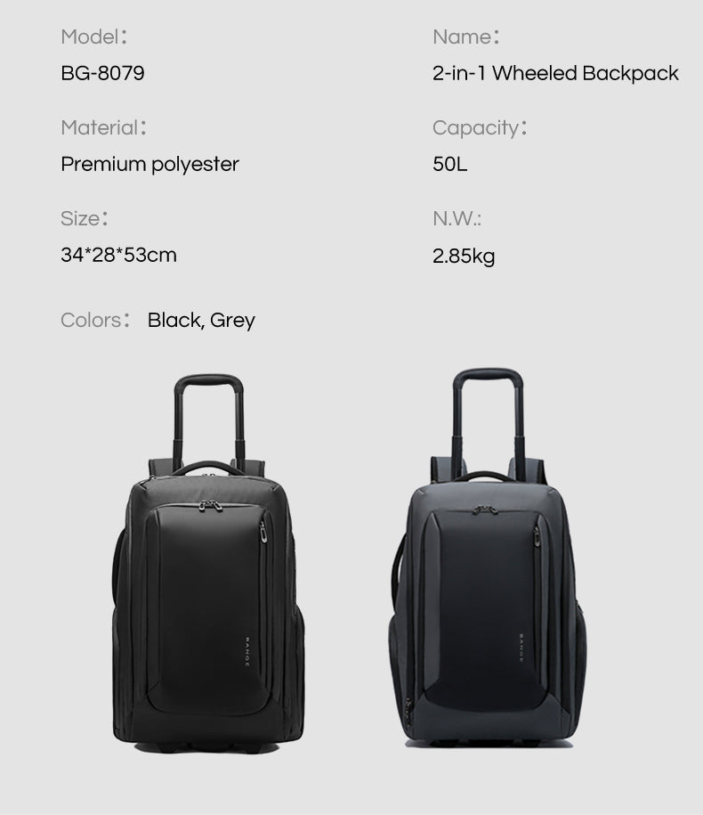 BANGE MultiFunctional Ergonomic 50L Large Capacity 2-in-1 Wheeled Backpack Trolley for Travel