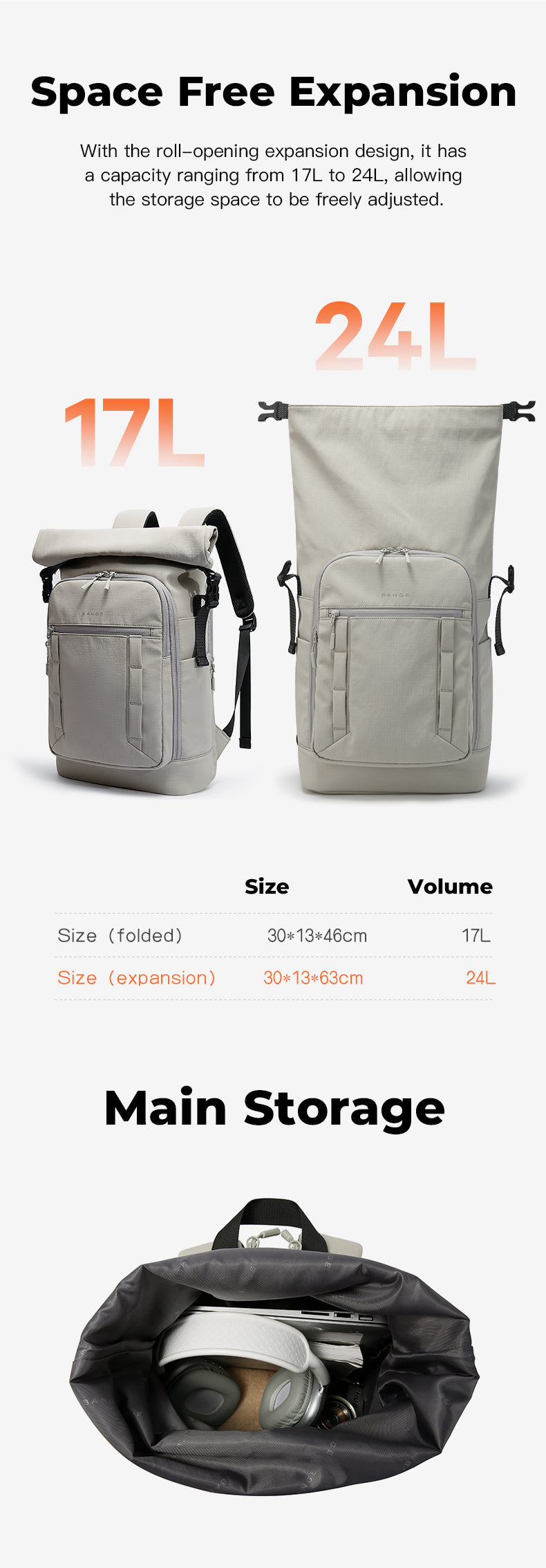BANGE Expandable Roll Top Backpack Waterproof Lightweight School Travel Bag with Laptop Compartments