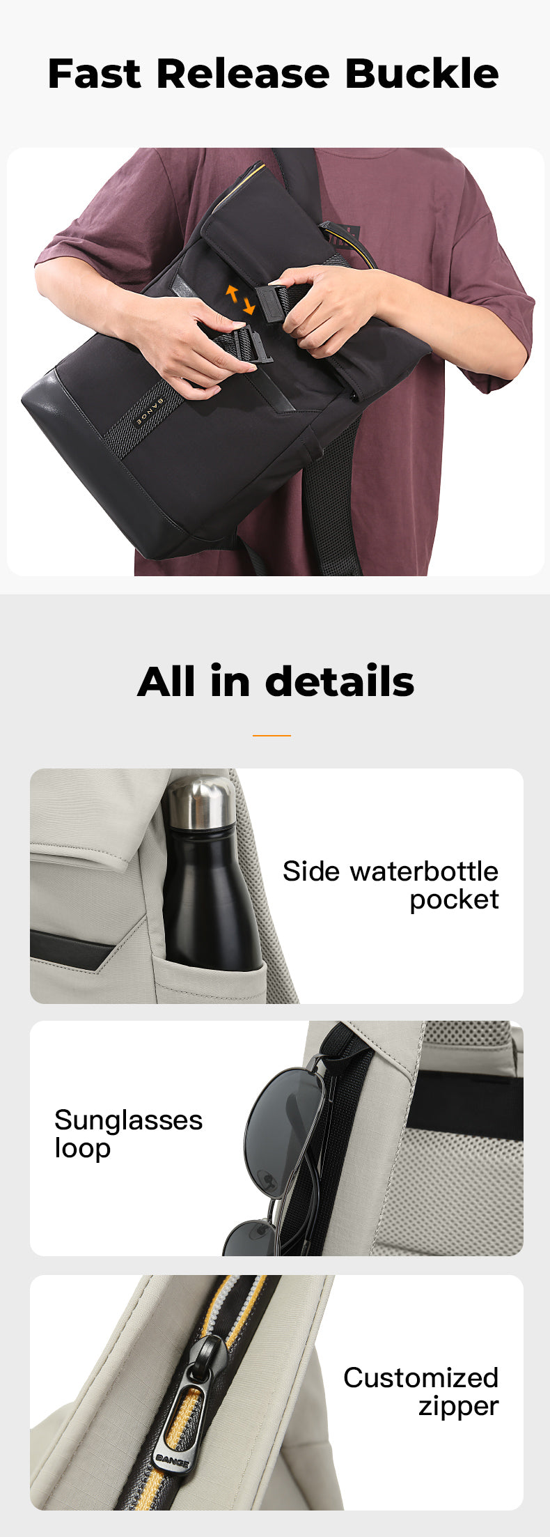 BANGE NEW Arrivals Waterproof Lightweight Roll Top Backpack for School Commute
