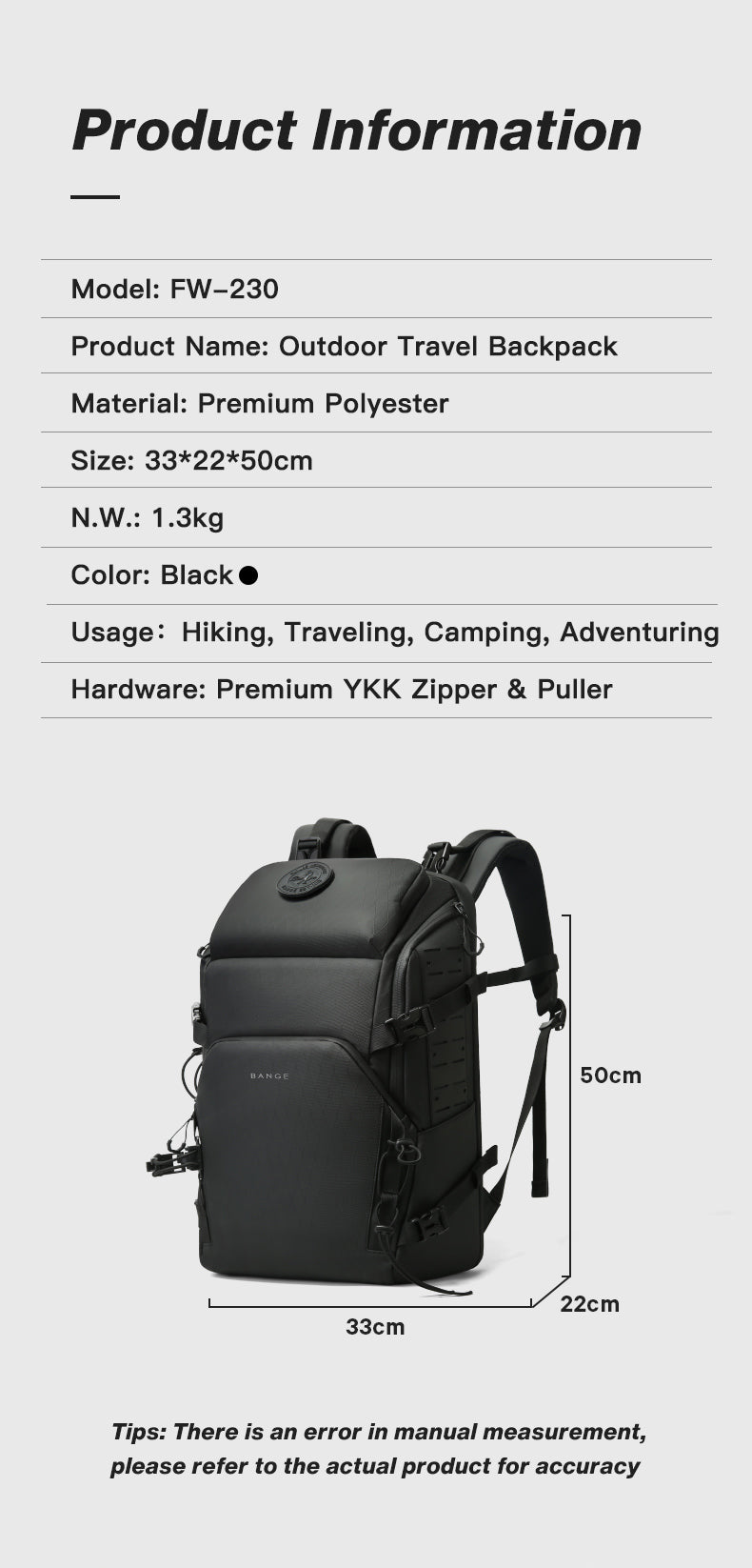 BANGE New Hot Sale Premium Large Capacity Daily 17inch Waterproof Outdoor Hiking Men Laptop Backpack