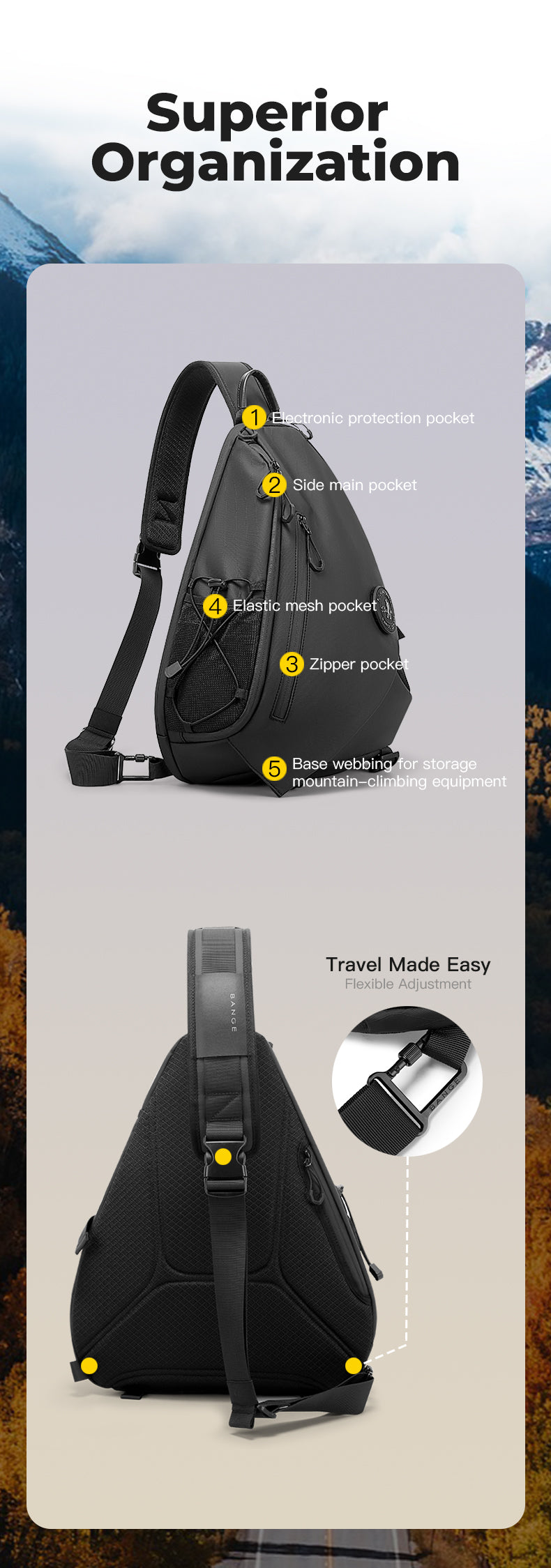 BANGE New Multifunctional  Waterproof Crossbody Bag for Hiking & Travel