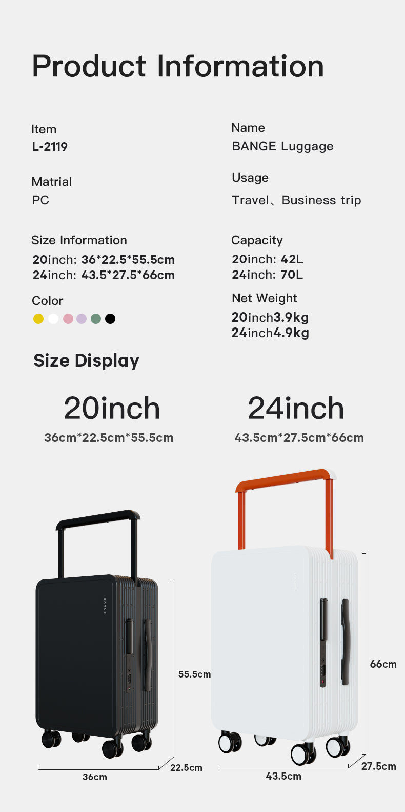BANGE Stylish 20inch Anti-theft Carry-on Suitcase Luggage for Business Travel