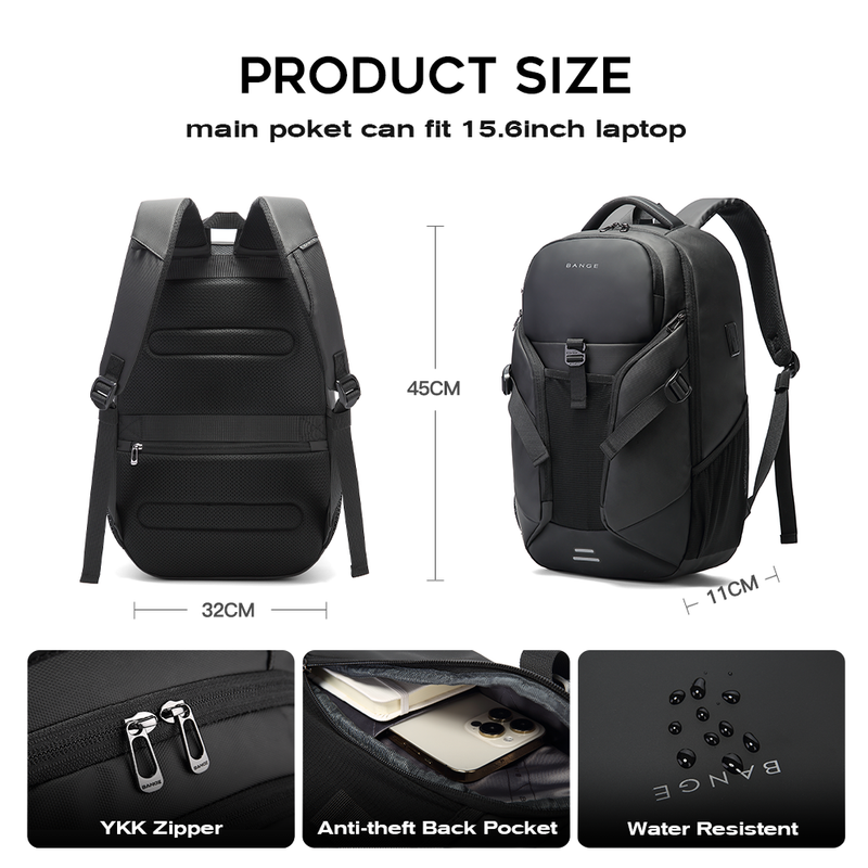BANGE Travel laptop Smart Backpack，Anti Theft Travel Carry on Backpack with USB Port, Business Laptop Backpack Fits 15.6 Inch Notebook
