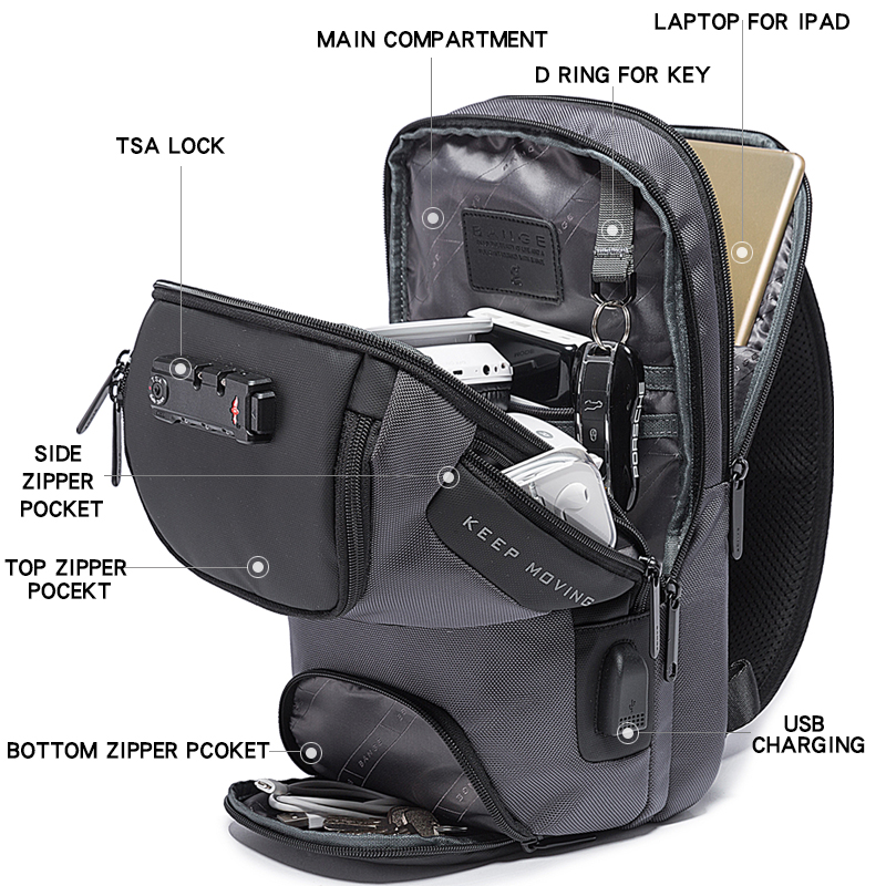 Large capacity :main compartment with key chain,insert pocket, individual digital Ipad compartment with foam . Top pocket for quick access. Side pocket for headphone.and usb port charging . Middle pocket for small things ,bottom pocket for organize your changes.