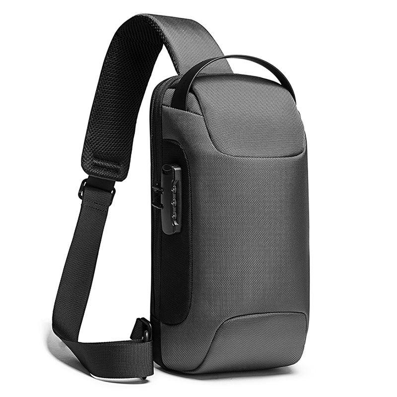 Grey color of Shoulder Bag 2 in 1 USB Charging Anti-theft Waterproof Sling bag Unisex Size: 34*18*10 Color: Black，Grey，COME, Blue, Red  Raw material ： high qulity polyester with YKK Zipper  With ：TSA lock，USB Charging Port ，Fit 9.7inch phone/ipad ，Adjustable Strap ，Hidden Pocket 