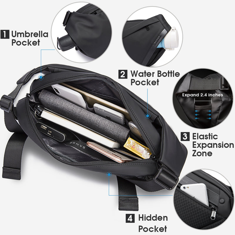 The capacity of the sling bag is 5.7L and size is 13.6*6.6*3.3inch,net weight is 1.19lb.