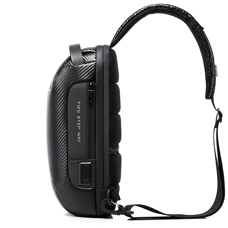 Side display of Sling Bag 2 in 1 USB Charging Anti-theft Waterproof Shoulder bag Unisex Size: 34*18*10 Color: Black，Grey，COME, Blue, Red  Raw material ： high qulity polyester with YKK Zipper  With ：TSA lock，USB Charging Port ，Fit 9.7inch phone/ipad ，Adjustable Strap ，Hidden Pocket 