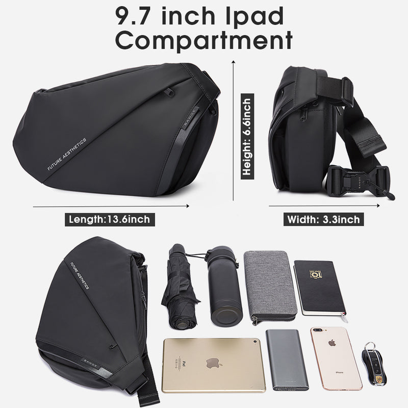 The capacity of the sling bag is 5.7L and size is 13.6*6.6*3.3inch,net weight is 1.19lb. There is a zipper pocket on the front of the bag and a retractable key ring inside, you can ring your keys on it. There is an elastic expanable compartment on the side of this sling bag to hold maximum 700ml water bottles or umbrellas . The main storage of the bag can contain your phone,cables,power bank etc. there is a big zip pocket inside can contain 9.7 inch ipad.